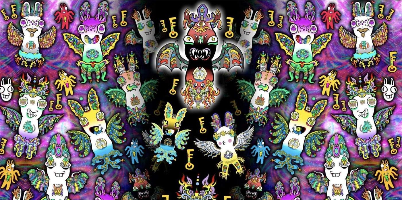 Bunnybats in mirrored rows around a fanged guardian bat, with golden keys scattered between them